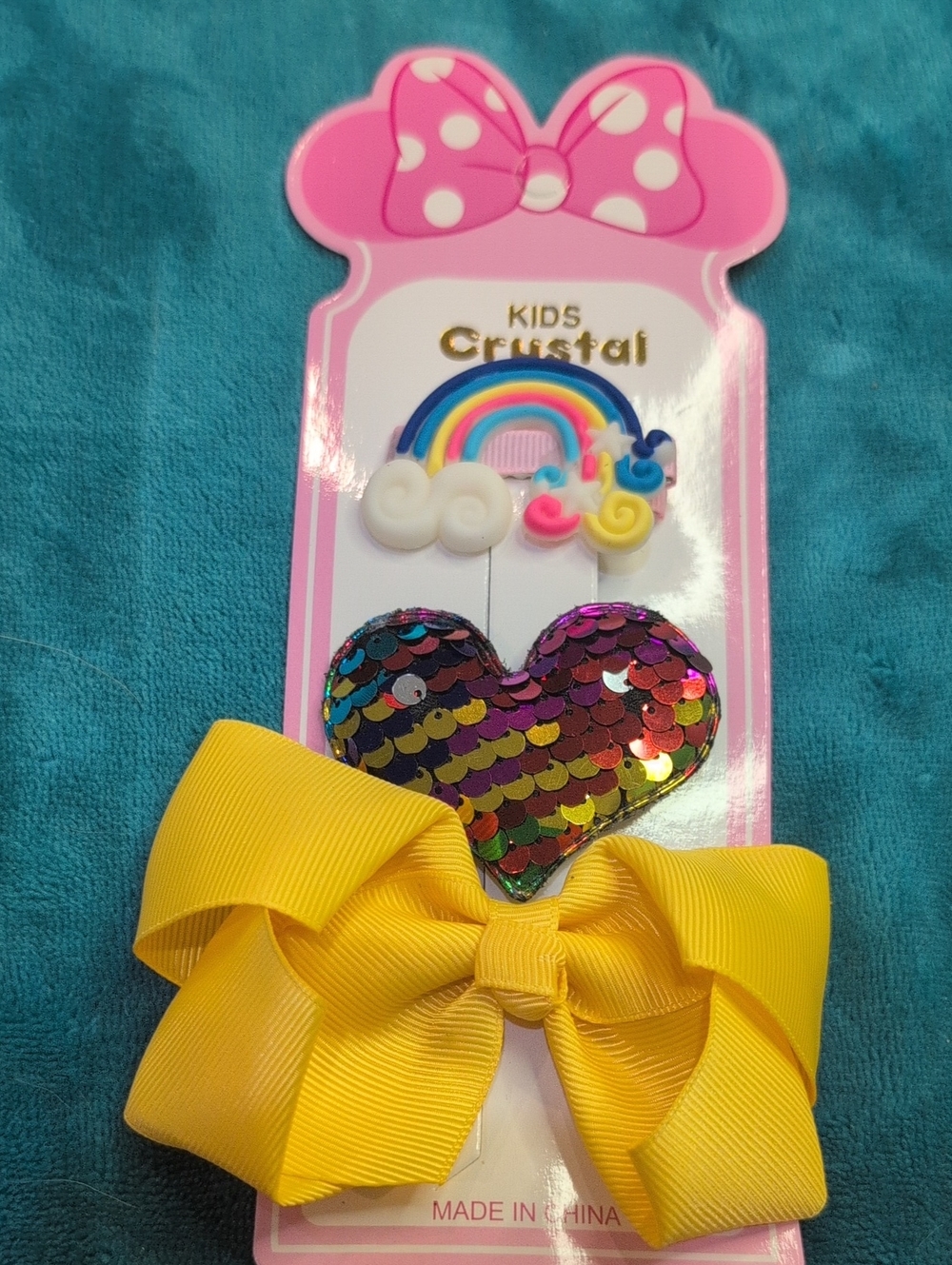 KIDS Crystal Rainbow & Sequin Heart Hair Clip Set with Yellow Bow